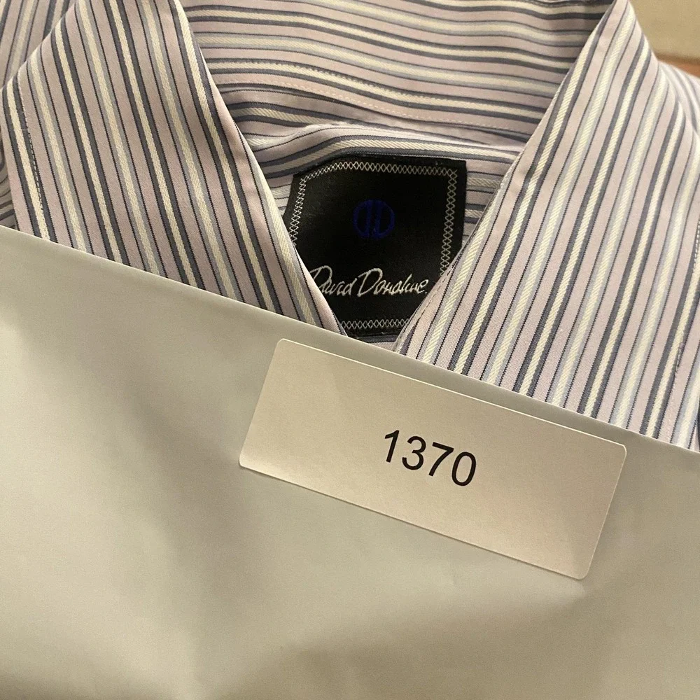 David Donahue Shirt Mens Large Blue White Pink Stripe Trim Fit Dress Monogrammed - Picture 12 of 12